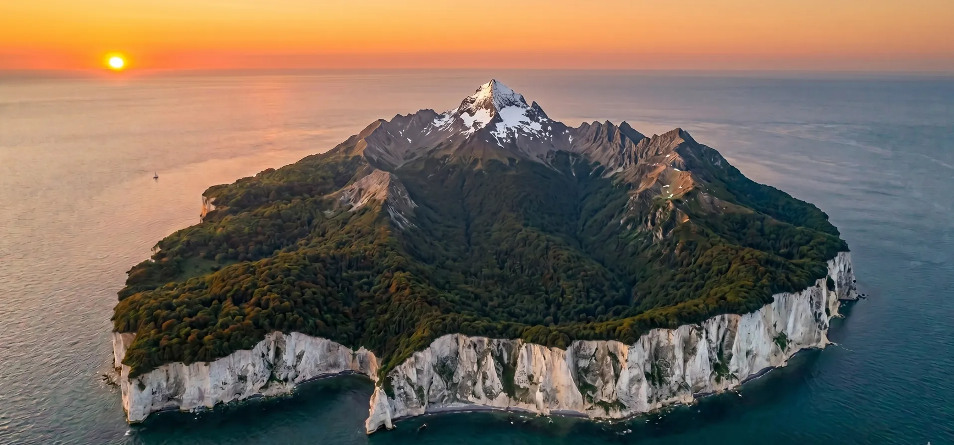 Island Mountain rising from the ocean at sunset