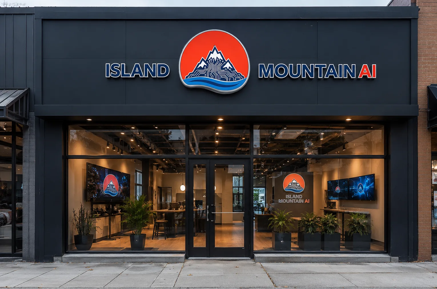 The Island Mountain AI storefront, lit from inside behind full-height glass