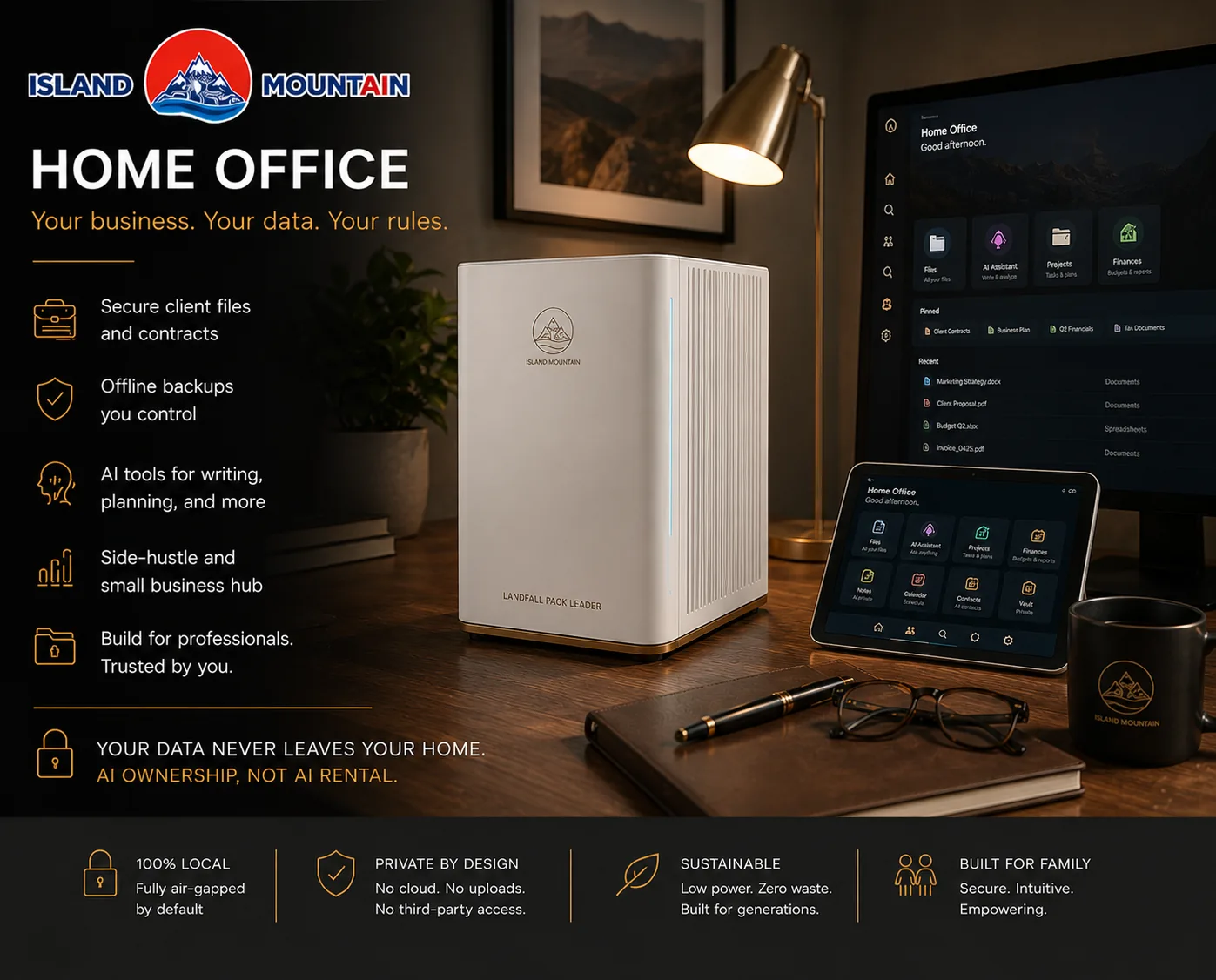 Landfall Pack Leader in a home office — client files, offline backups, small business hub