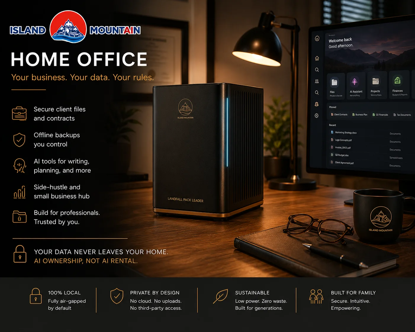 Landfall Series in a home office — client files, contracts, business tools