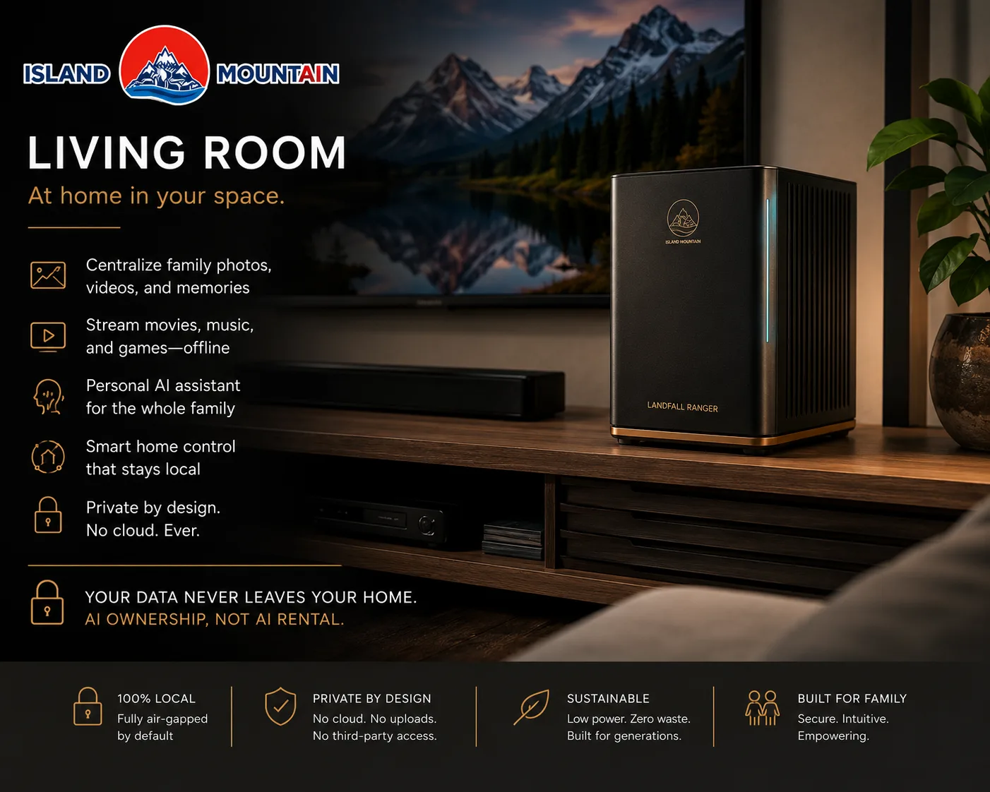 Landfall Series in a living room — family photos, streaming, AI assistant