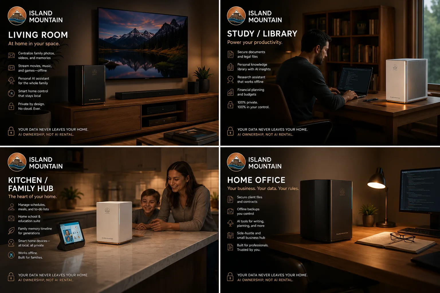 Landfall Series four-room overview: living room, study, kitchen, home office
