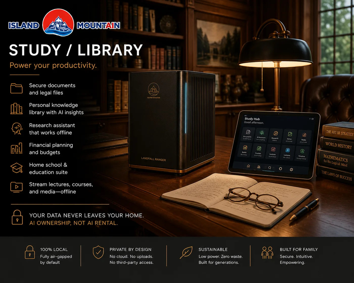 Landfall Ranger in a study and library — secure documents, research assistant, financial planning
