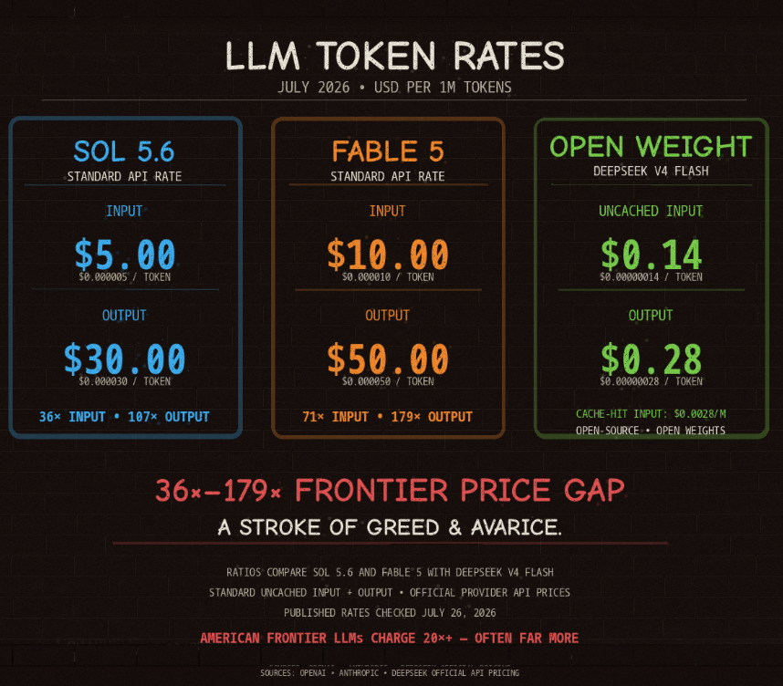 LLM token rates, July 2026, USD per million tokens: OpenAI Sol 5.6 at $5 input and $30 output, Anthropic Fable 5 at $10 input and $50 output, DeepSeek V4 Flash open weights at $0.14 uncached input and $0.28 output. A 36x to 179x frontier price gap.