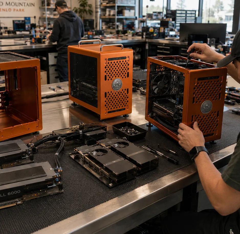 Three Island Mountain chassis open on the bench, accelerators laid out, during assembly in Menlo Park